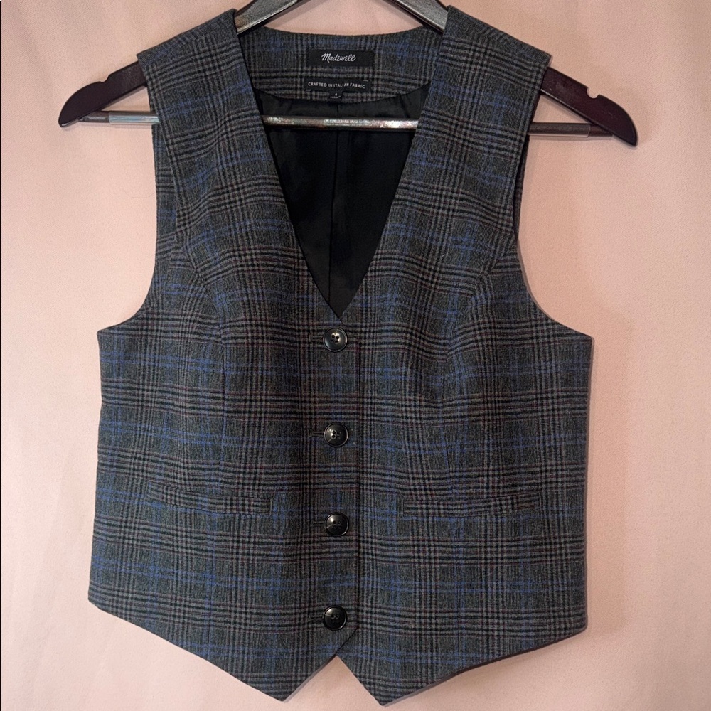 Madewell Blue and Gray Plaid Wool Vest ITALIAN FABRIC